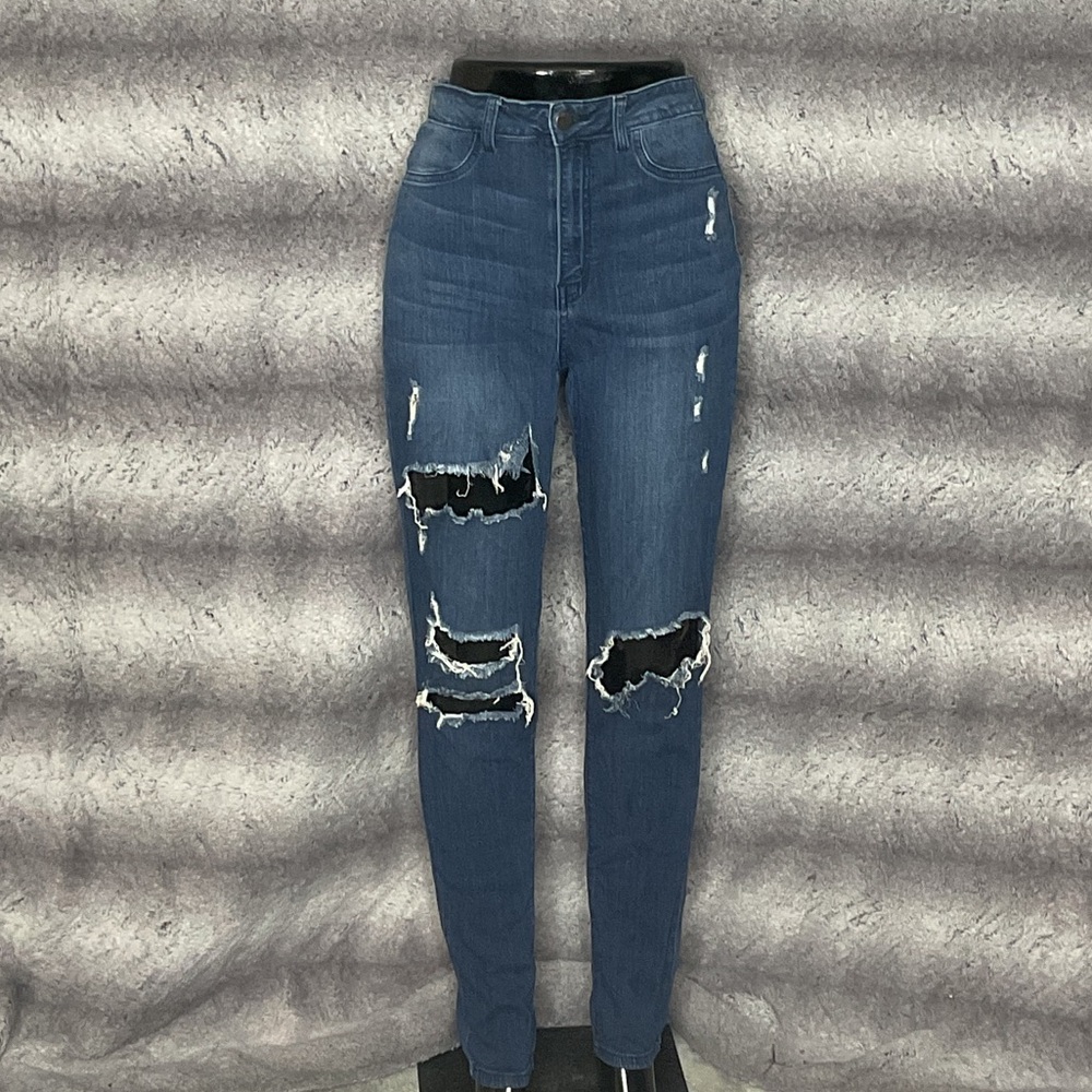 Fashion Nova High Rise Distressed Blue Jeans